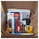 Box of gel pens,mechanical pencils, envelopes,