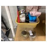 Jelly canning jars, pie plate, candles,