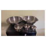 Stainless steel bowls, colander & utensils