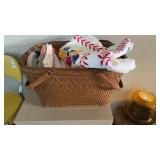 Wicker picnic hamper basket, tablecloth, napkins,