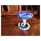 Art glass swirl blue white Trumpet vase 5 in.