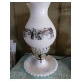 Currier and Ives vintage milkglass hurricane lamp