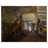 Vintage horse picture & 2 ceramic horses 1 has