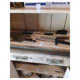 Shelf lot of vintage kitchen knives, Corning,