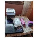 Contents of nightstand only. Air cooler, crochet