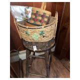 Vintage stool * needs work & basket lot & table