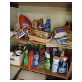 2 shelves of cleaning supplies and misc
