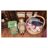 Sewing Items, Doll in Chair, Birdhouse