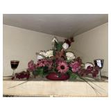 Faux flower arrangements, vintage table linen &
