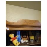 Shelf lot of misc, lighthouse candle, coin