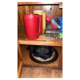 2 Shelves of Pitchers, Ice Cube Trays, and other