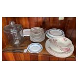 Shelf Lot of Plates and Clear Glass Cookie Jar