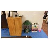 Coleman lantern in homemade box, 1 gallon camp
