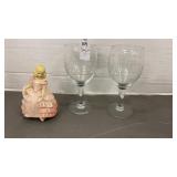 2 etched goblets, Coventry Ware Figurine