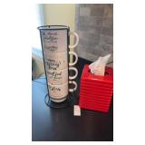 Metal mug storage display and plastic tissue