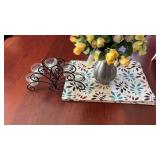 Decorative metal vase, candle holder, and table