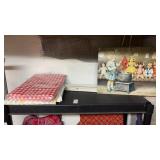 Shelf lot of pic nice table cloths, blinds, and