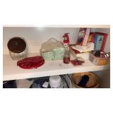 Shelf lot of Cook book, kitchen items, and more