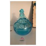Vintage blue depression glass powder jar