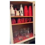 Cabinet lot of glassware, mugs, and plasticware