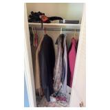 Lot of miscellaneous jackets, hangers, and gloves