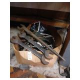 Box of wrenches and misc tools, staples, chisels
