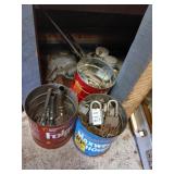 Oil spouts, can of old locks and keys etc lot