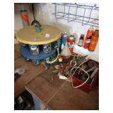 Bench lot of hardware, oil can, torch heads,