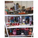 3 shelves of misc tools and chemicals etc