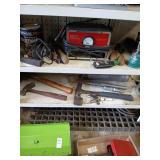 2 shelves of tools and misc, charger, Estwing,