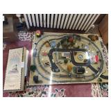 Postage stamp trains and train track with power