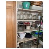 Vintage aqua bowl, glassware variety & baskets -