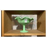 Vintage green satin glass compote, likely Fenton
