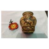 Italian Pottery Vase & Brass enamel hummingbird