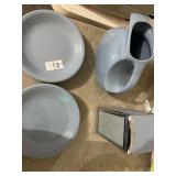 Fiesta pitcher, Homer Laughlin napkin holder, and