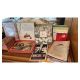 Shelf lot of books, trinket boxes, etc.