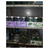 2 shelves of canning jars  many new, contents