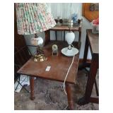 Stand and contents, lamps pewter etc