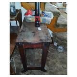Wooden stand and contents, batteries, flashlight
