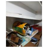 Shelf lot of lock de icer, books, brushes etc