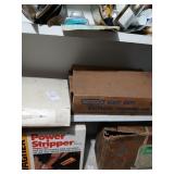 Shelf lot of misc, soldering iron, new shower