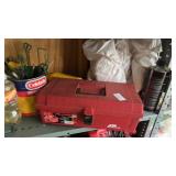 Shelf lot of Misc. Items, Toolbox, etc.