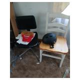 2 chairs, bike helmet, Trump etc