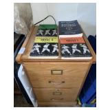 Wooden filing cabinet & books