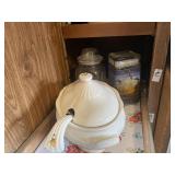 Ceramic soup tureen, two lidded glass jars