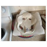 Ceramic, glass, metal Christmas plates, and