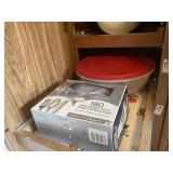 Large Tupperware bowl, plastic flatware