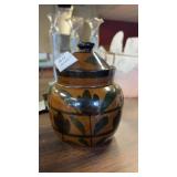 vintage ceramic lidded jar with brown glaze