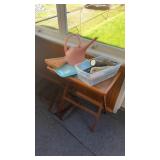 Wooden folding snack table with bin of tools and