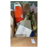 2 boxes of containers, water cooler, and kitchen